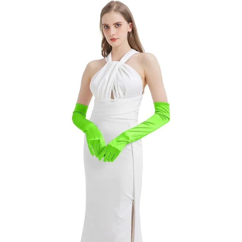 Women's Neon Green Imported Satin Elbow Length Halloween Cosplay Opera Gloves